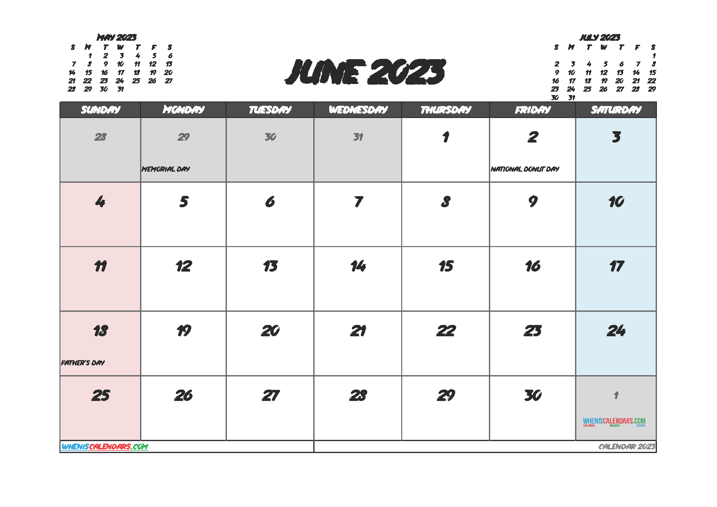 Downloadable June 2023 Calendar with Holidays Printable Free PDF in Landscape