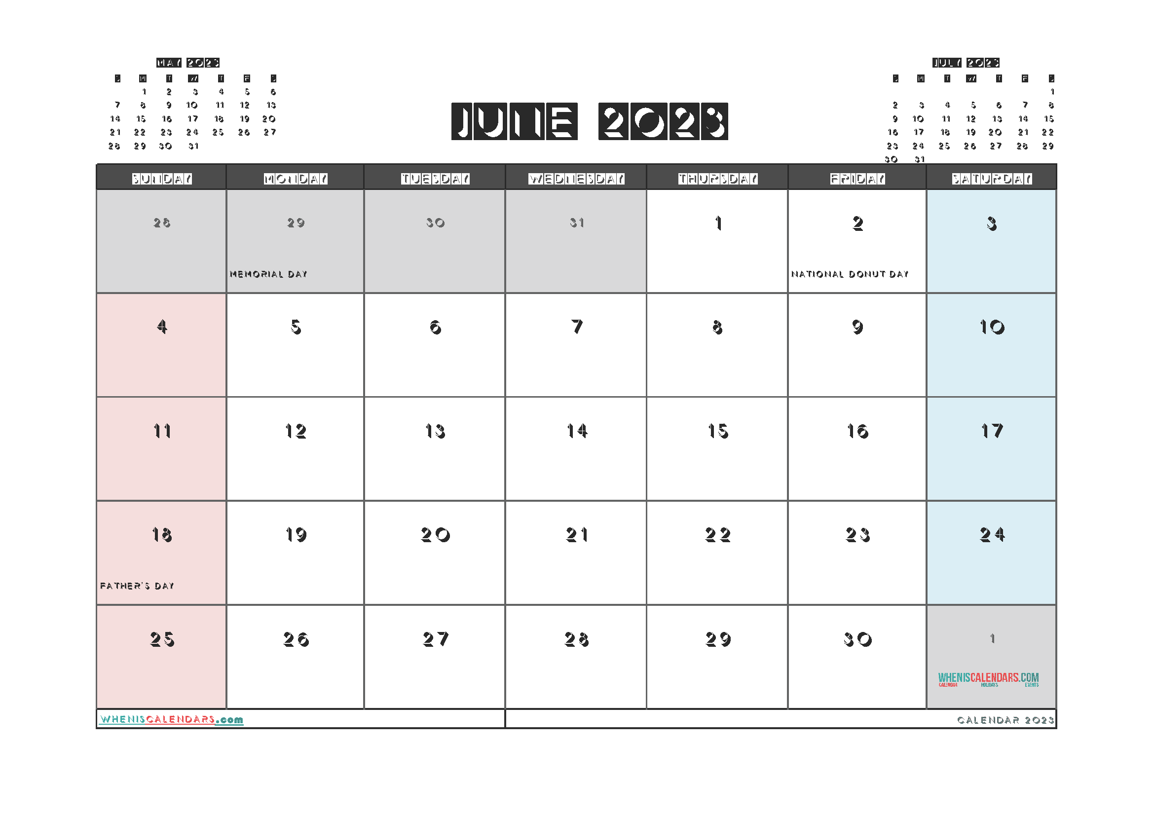 Free Printable Calendar June 2023 with Holidays PDF in Landscape