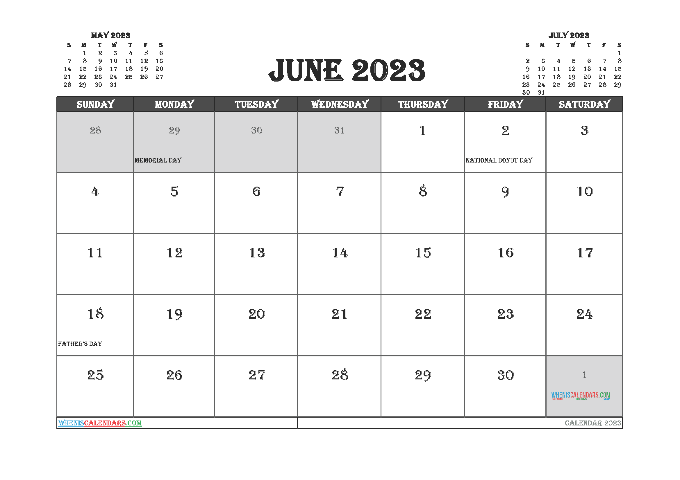 Free June 2023 Calendar with Holidays Printable PDF in Landscape