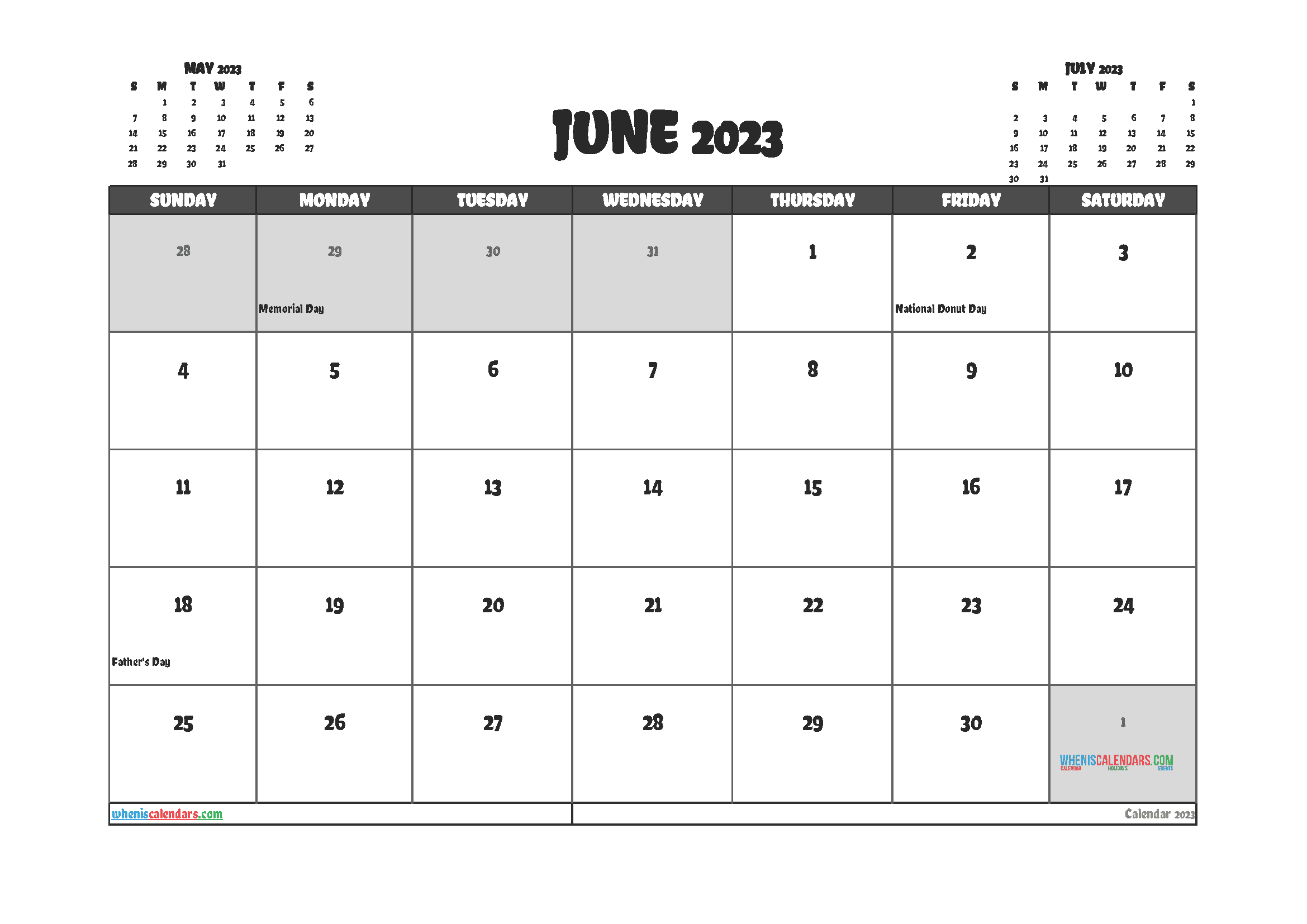 Free Calendar 2023 June with Holidays PDF in Landscape