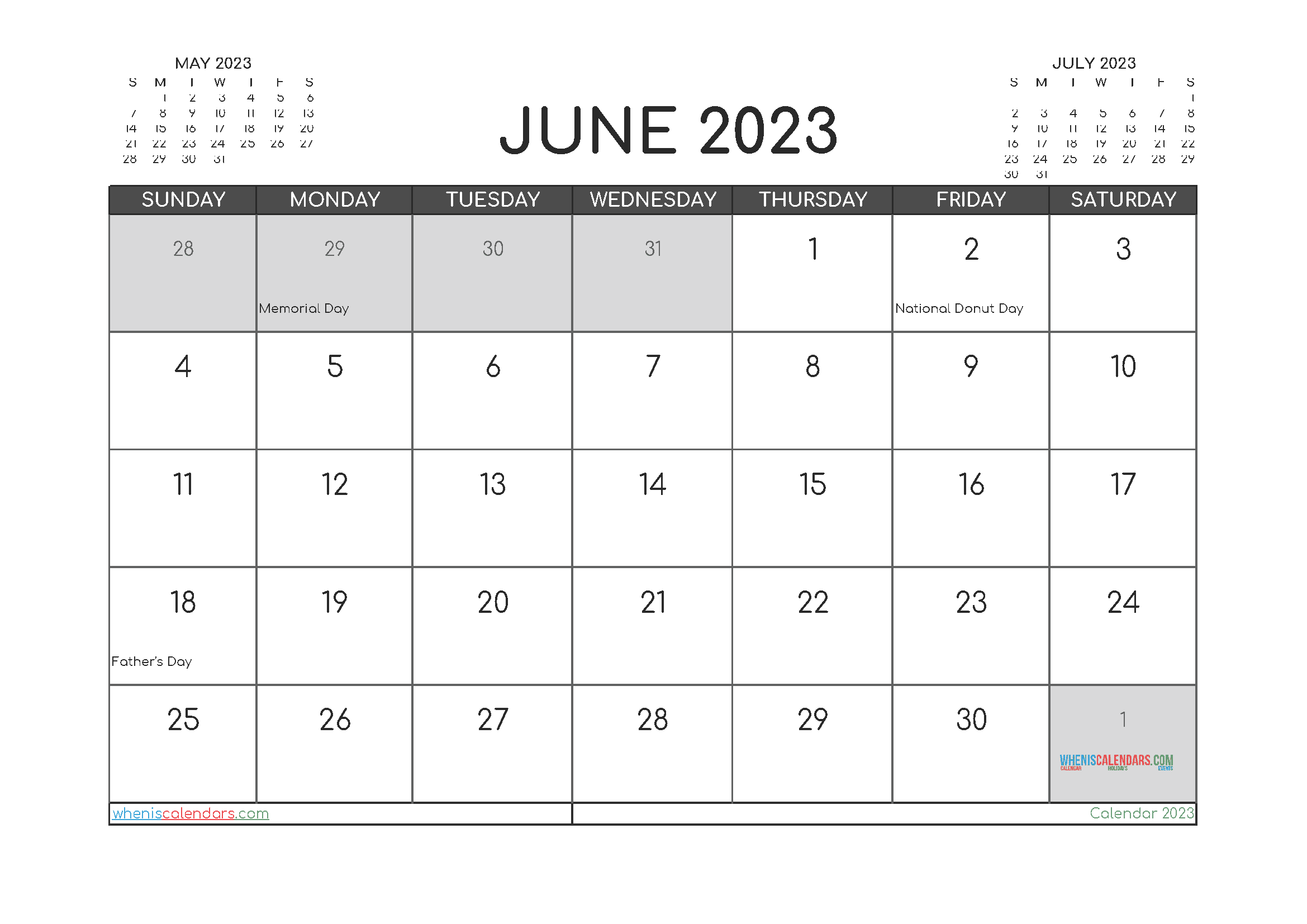 Downloadable June 2023 Calendar with Holidays Printable Free PDF in Landscape