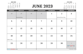 Free Printable Calendar June 2023 with Holidays PDF in Landscape (TMP: 623ha4hl116)