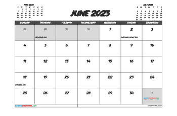 Free Printable June 2023 Calendar with Holidays PDF in Landscape (TMP: 623ha4hl118)