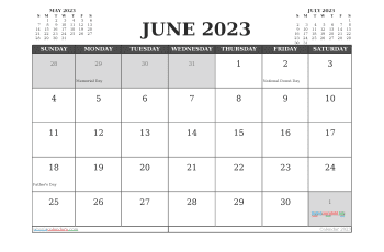 June 2023 Calendar with Holidays Free Printable PDF in Landscape (TMP: 623ha4hl119)