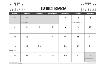 Free June 2023 Calendar with Holidays Printable PDF in Landscape (TMP: 623ha4hl120)