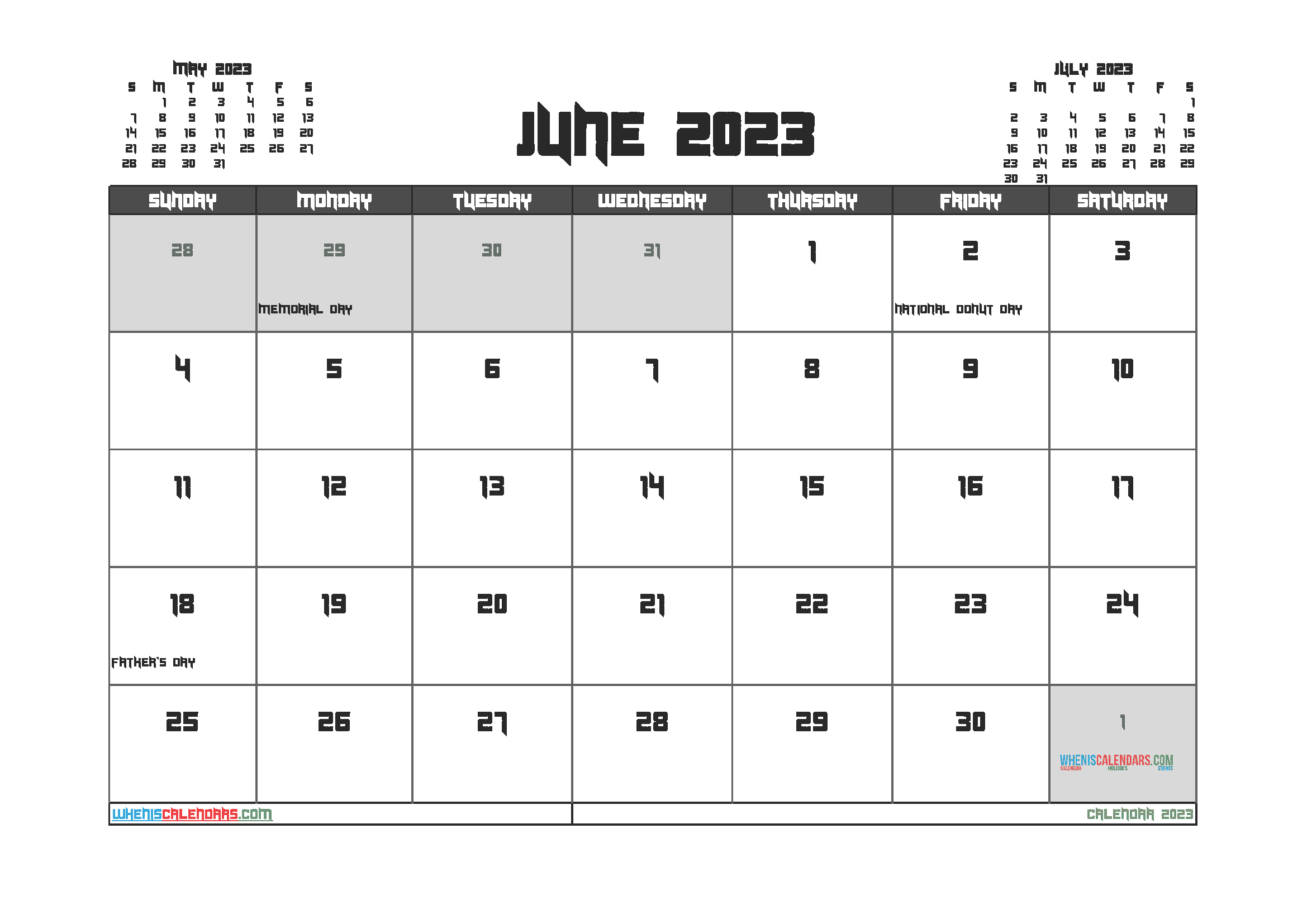 Printable June 2023 Calendar with Holidays Free PDF in Landscape