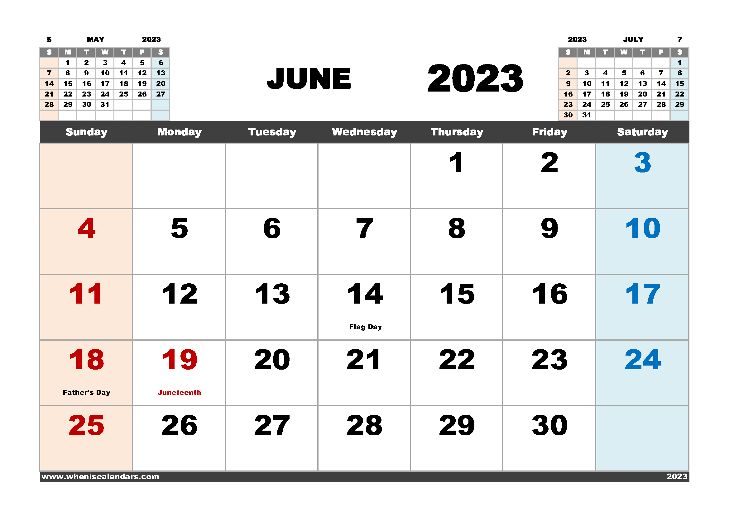 June 2023 Calendar Free Printable PDF Landscape Format