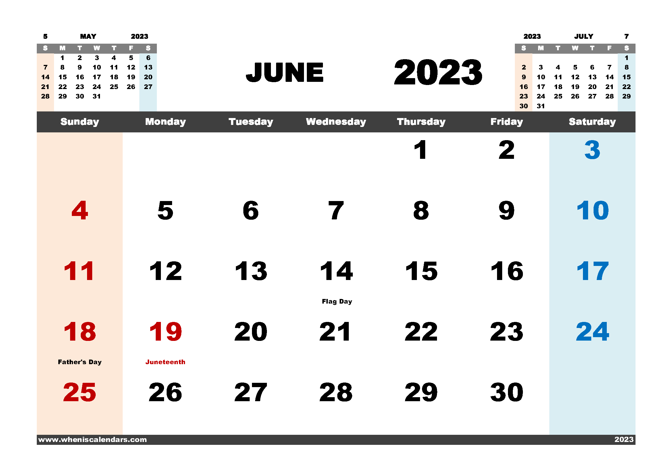 Free June 2023 Calendar Printable PDF in Landscape Format