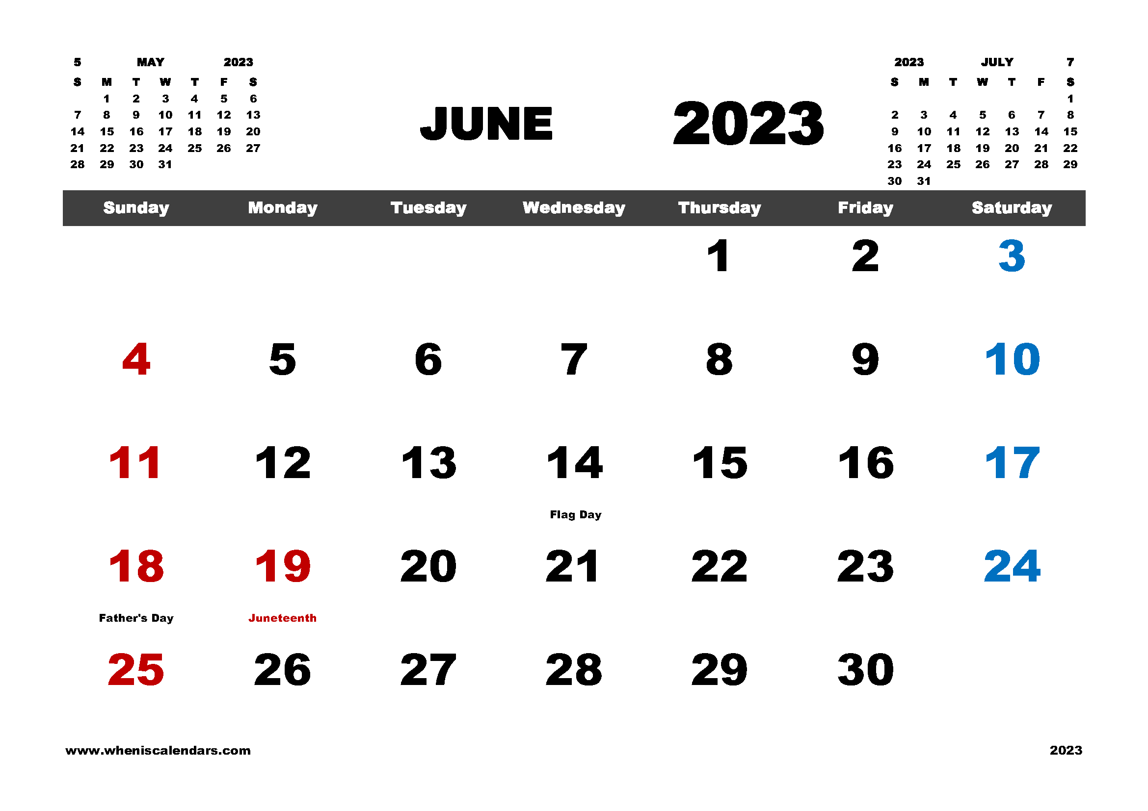 Free Printable June 2023 Calendar with Holidays in Variety Formats