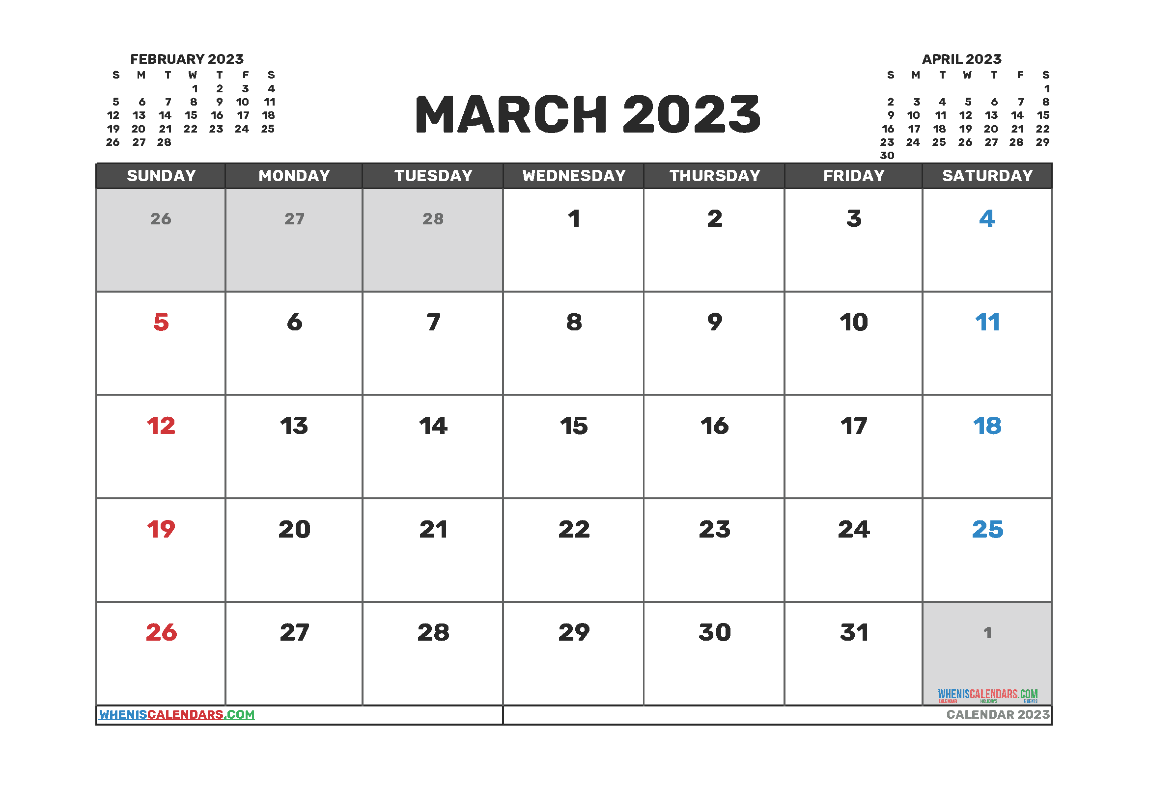 Free Printable Calendar March 2023 with Holidays PDF in Landscape