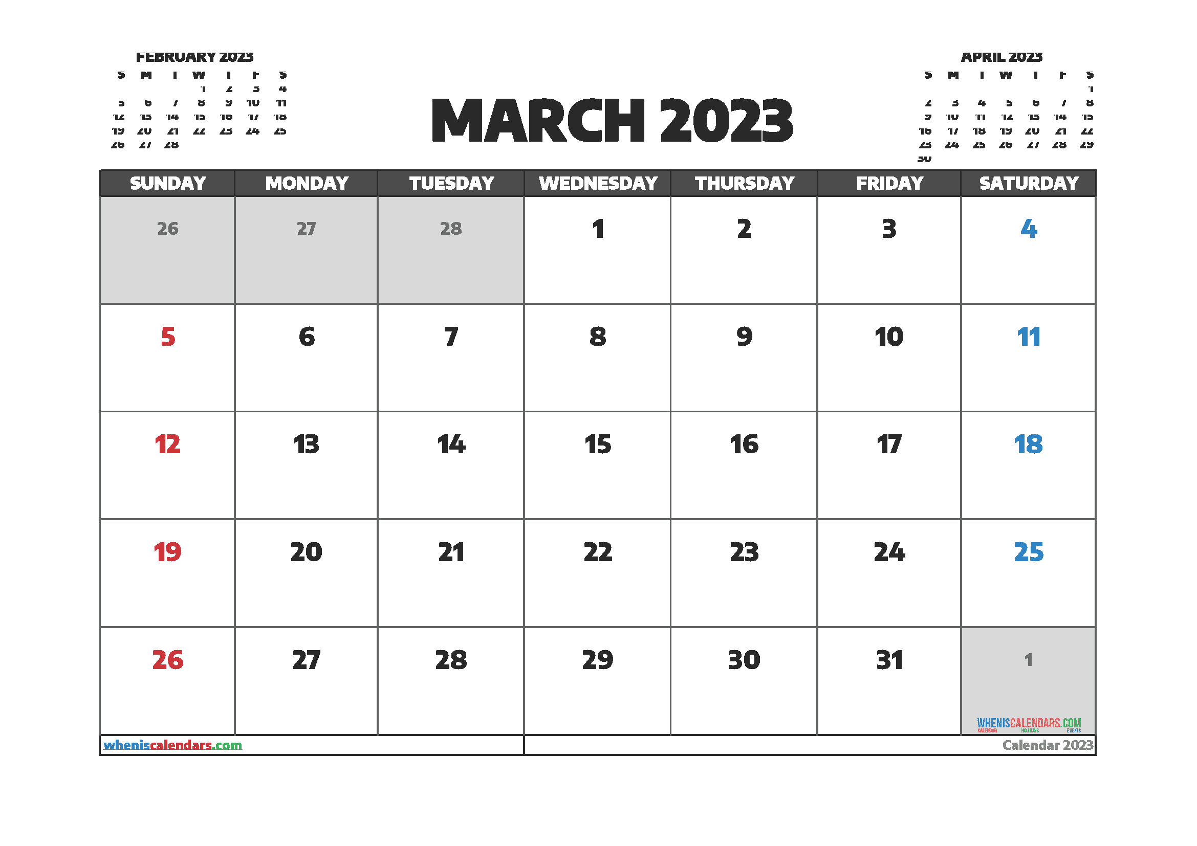 Free Printable March 2023 Calendar with Holidays PDF in Landscape