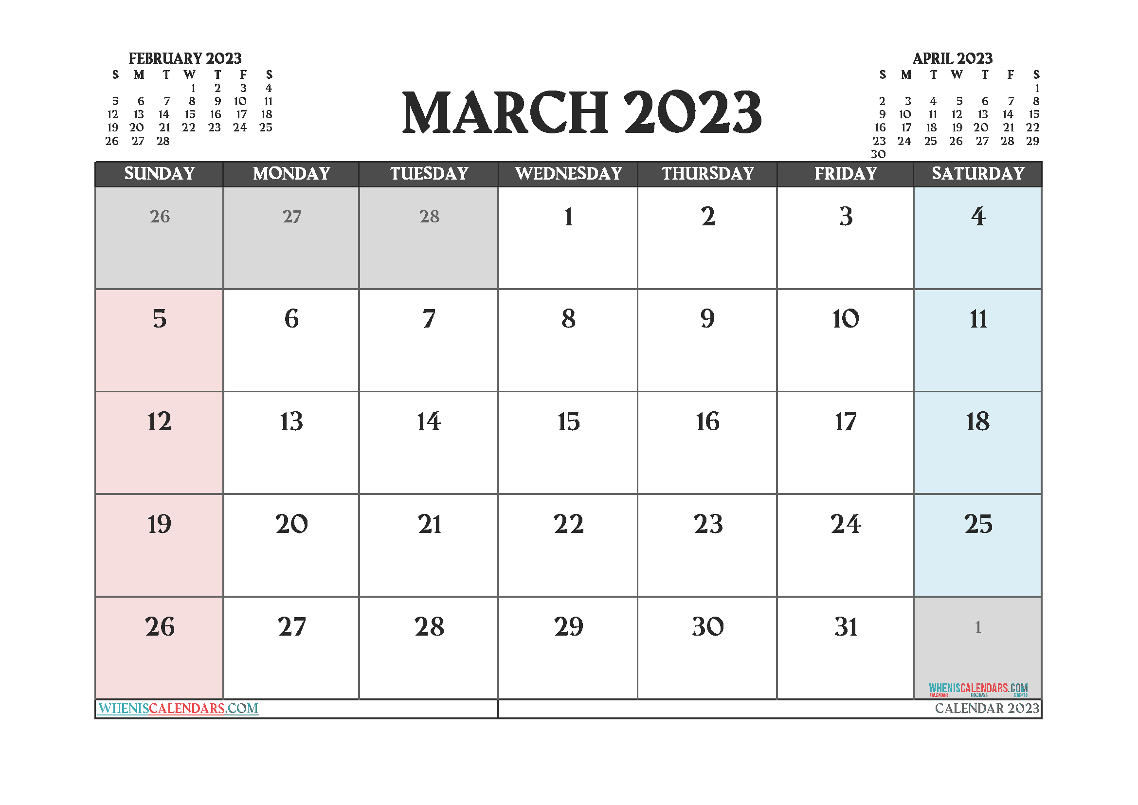 Printable March 2023 Calendar with Holidays Free PDF in Landscape