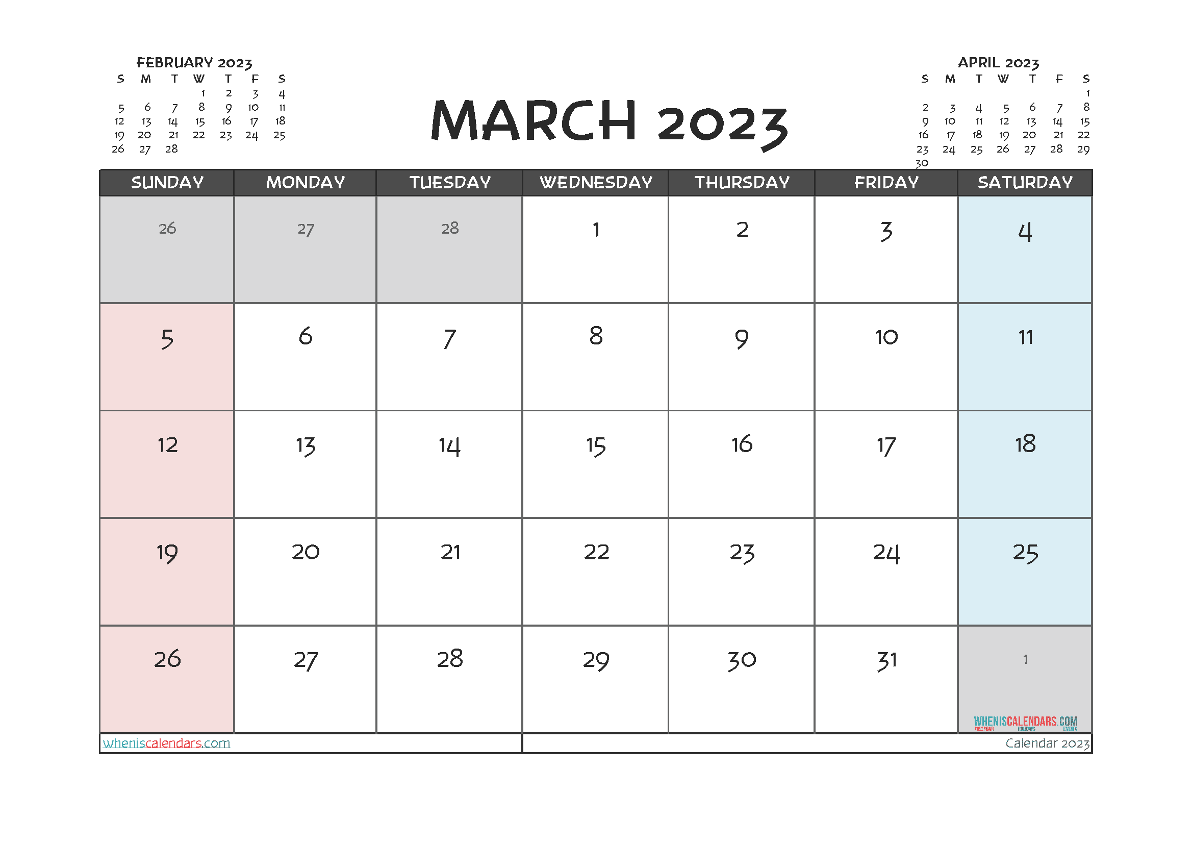 March 2023 Calendar with Holidays Free Printable PDF in Landscape