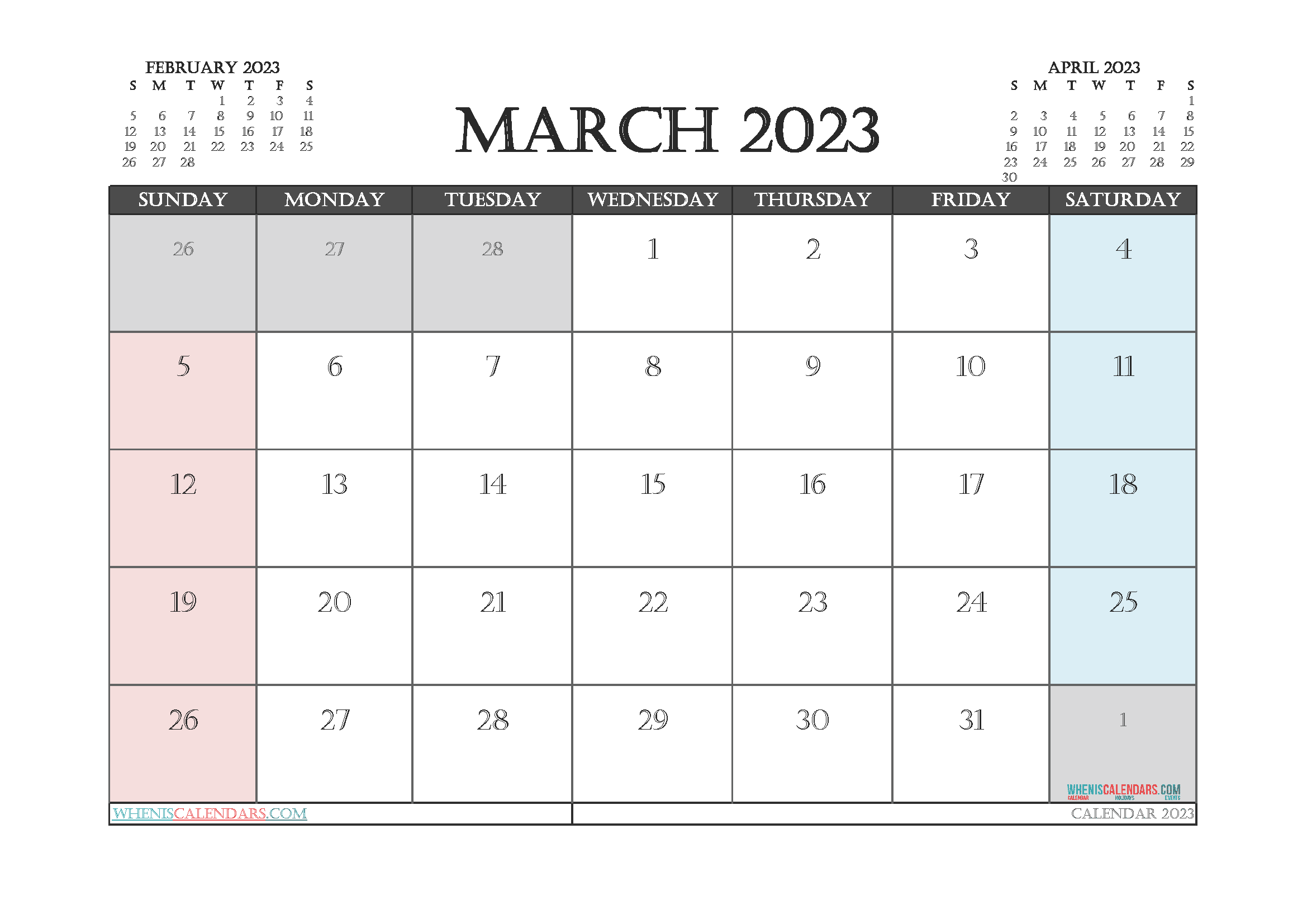 Free Calendar March 2023 with Holidays Printable PDF in Landscape