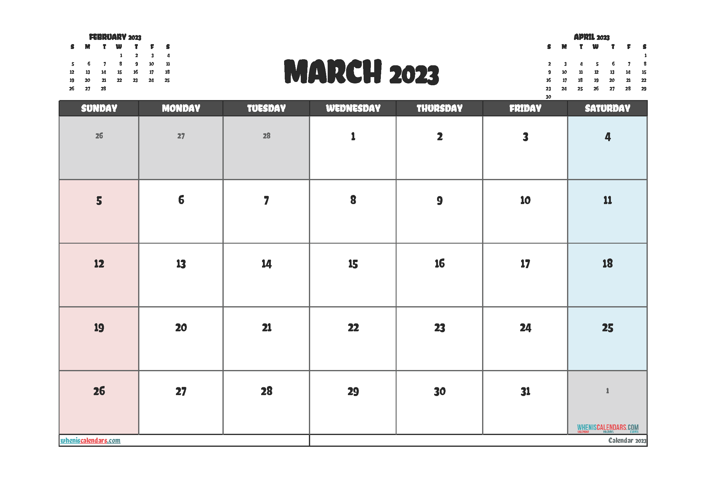 Downloadable March 2023 Calendar with Holidays Printable Free PDF in Landscape