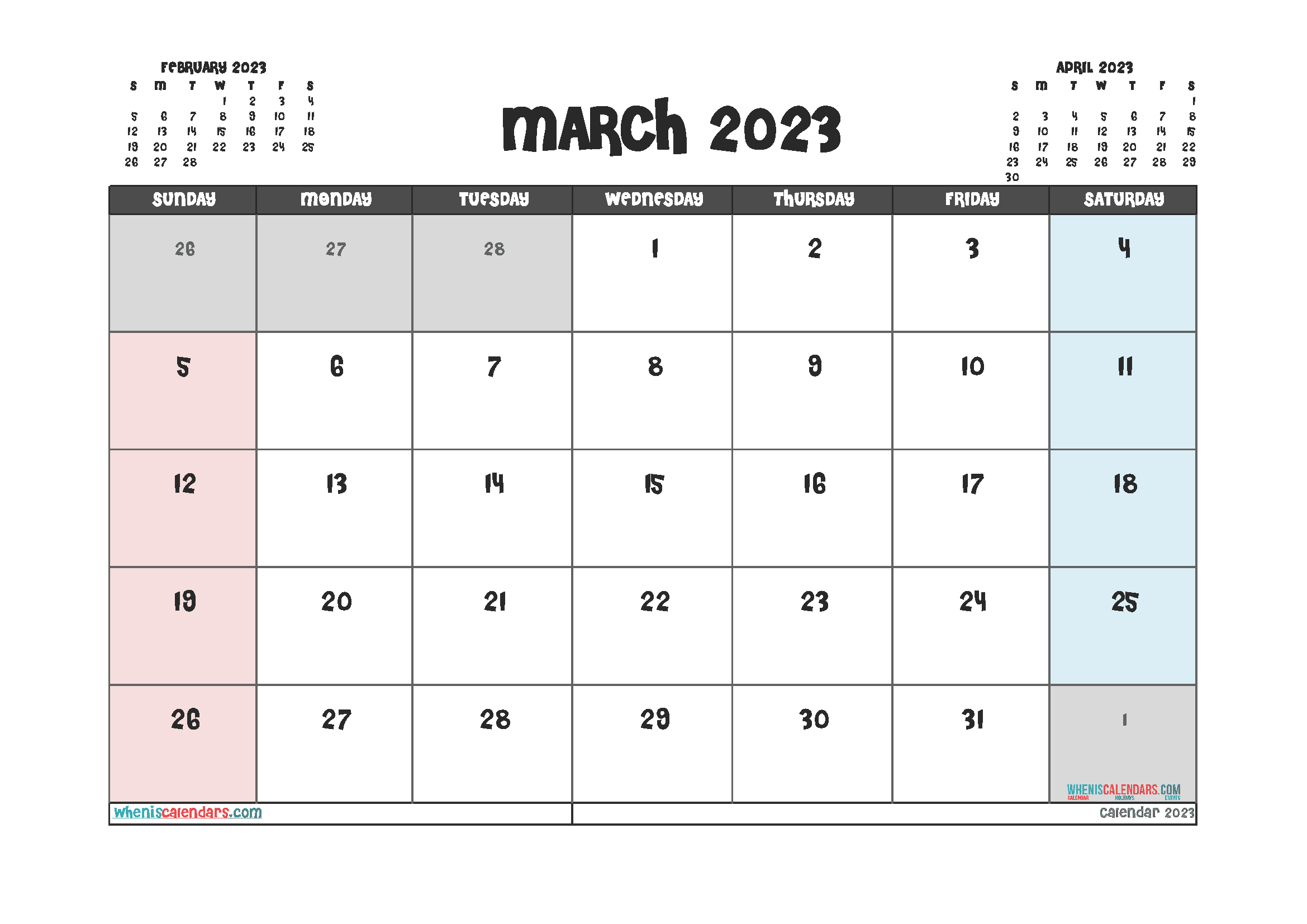 Free Calendar 2023 March with Holidays PDF in Landscape