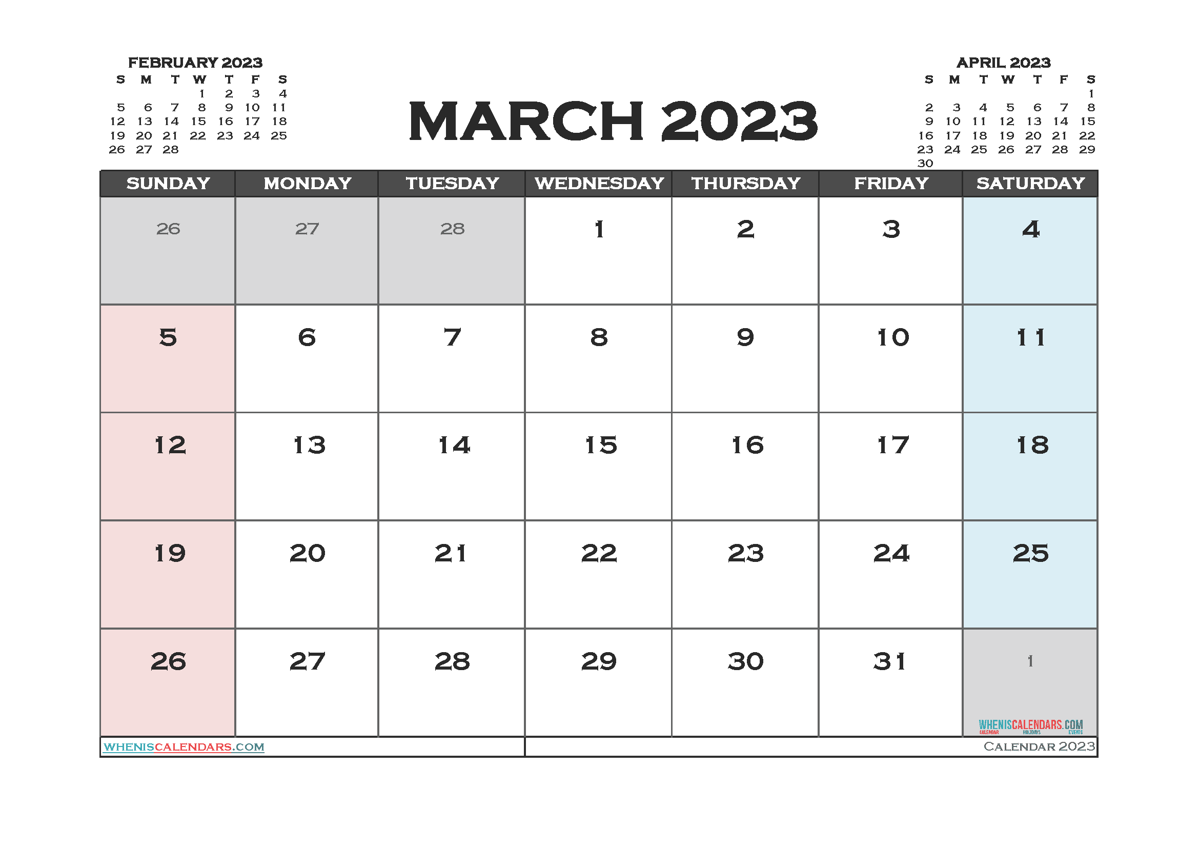 Free March 2023 Calendar with Holidays Printable PDF in Landscape