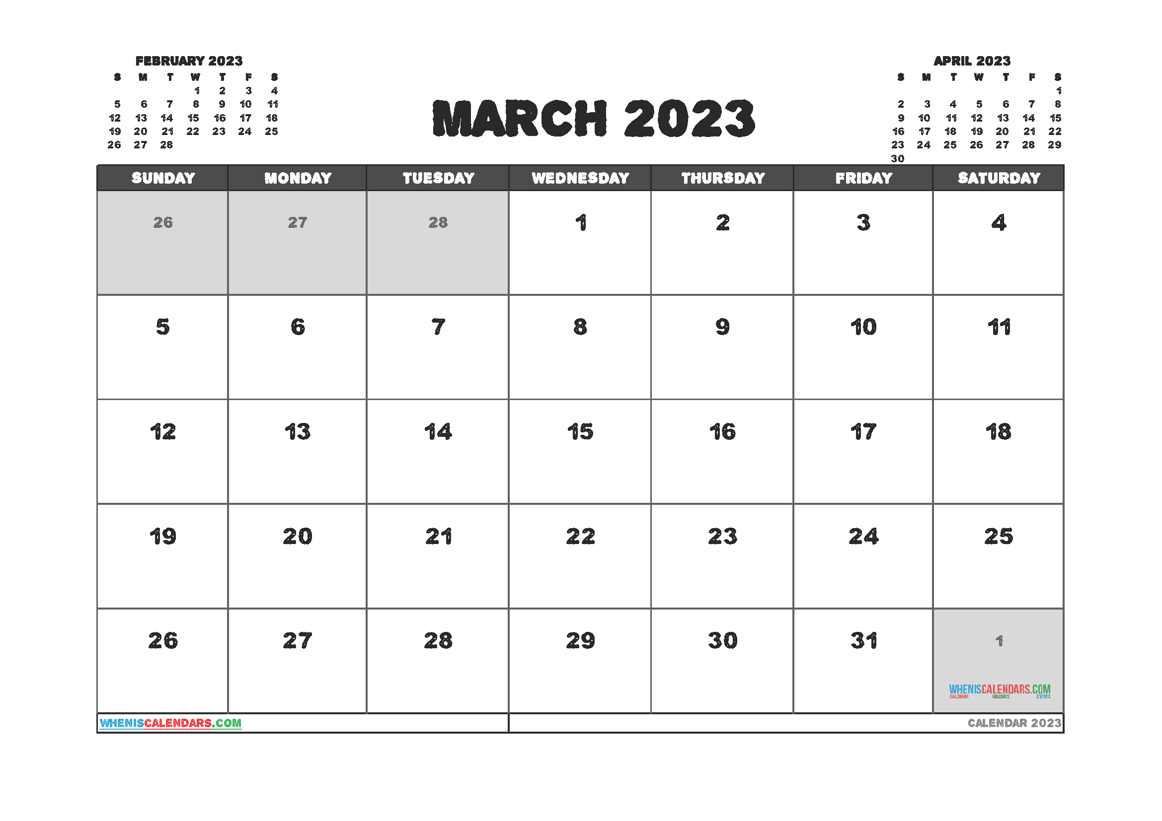 Printable March 2023 Calendar with Holidays Free PDF in Landscape