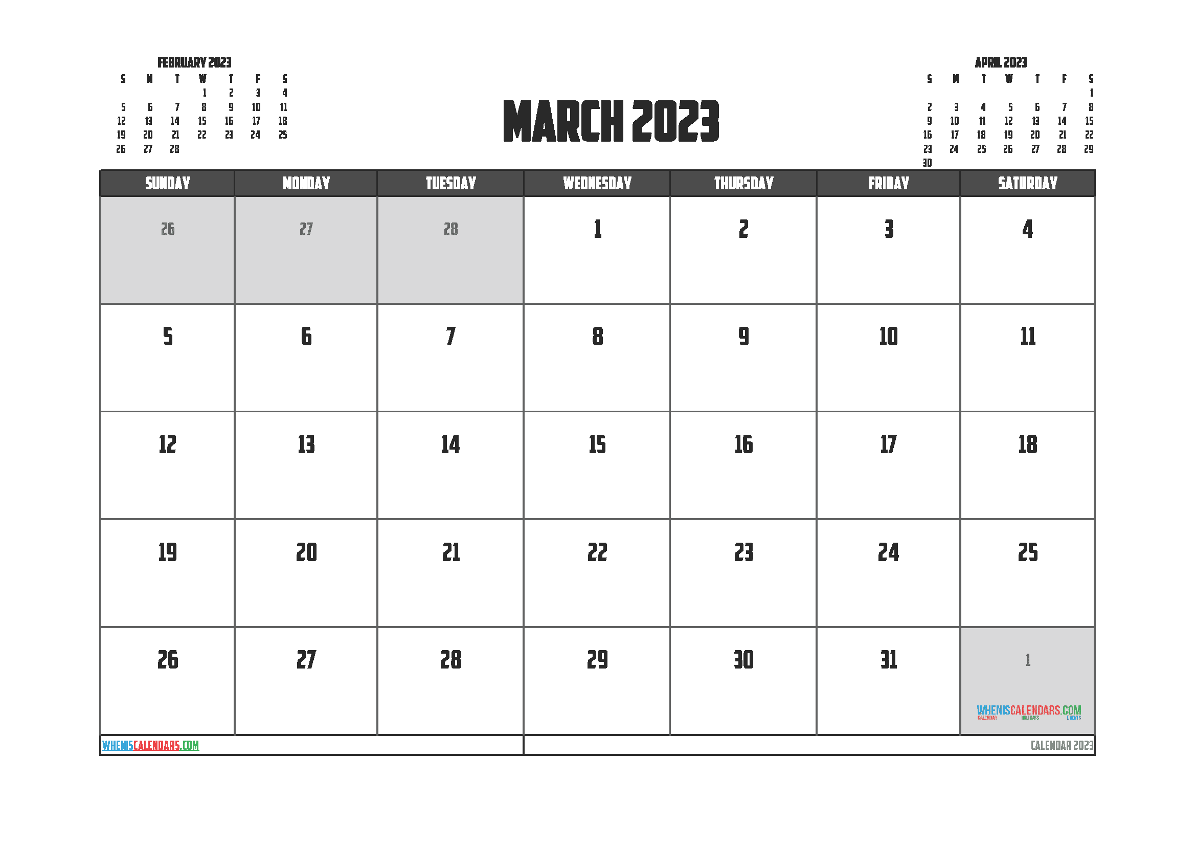 Free Calendar 2023 March with Holidays PDF in Landscape