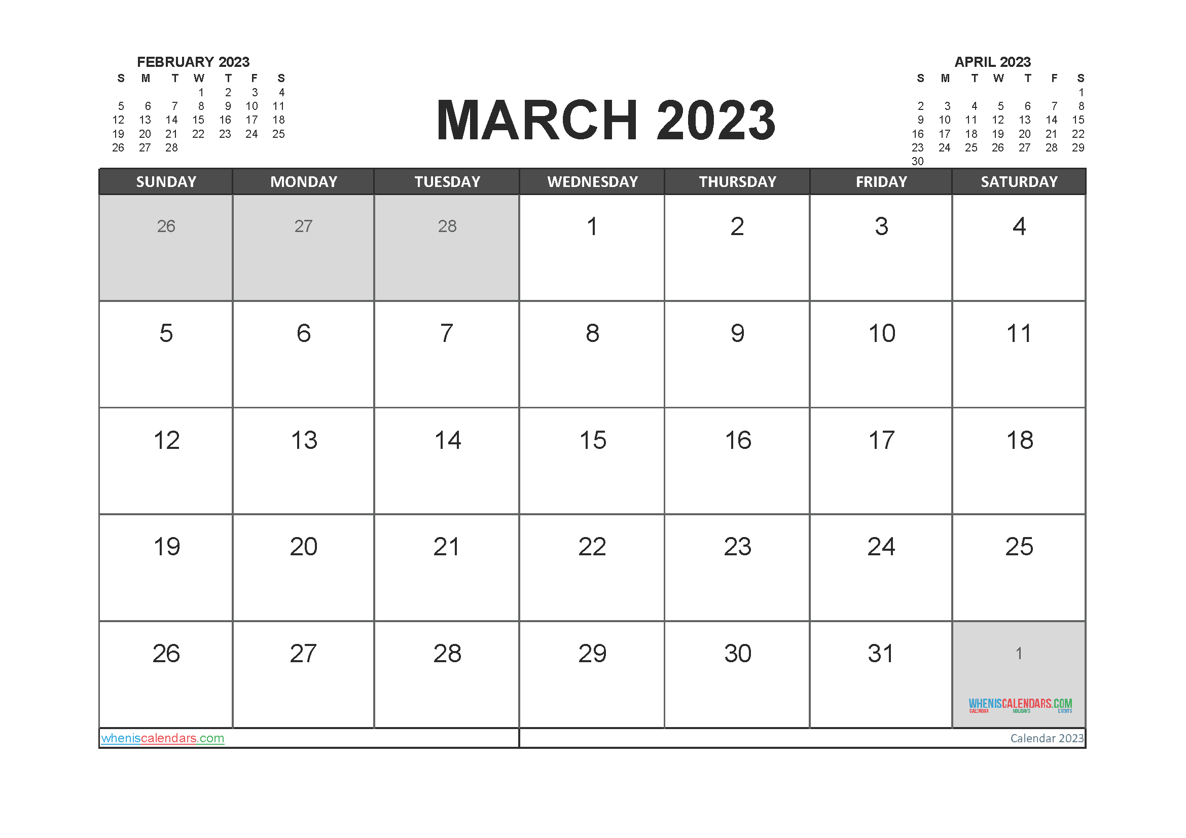 Free Printable Calendar 2023 March with Holidays PDF in Landscape