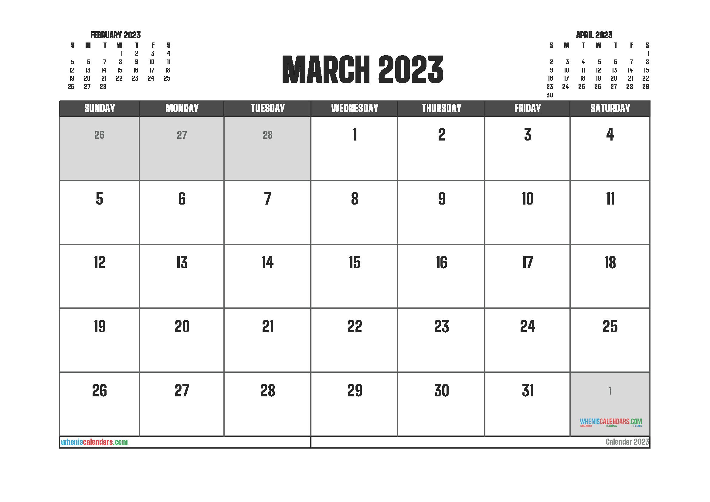 Free Printable Calendar 2023 March with Holidays PDF in Landscape