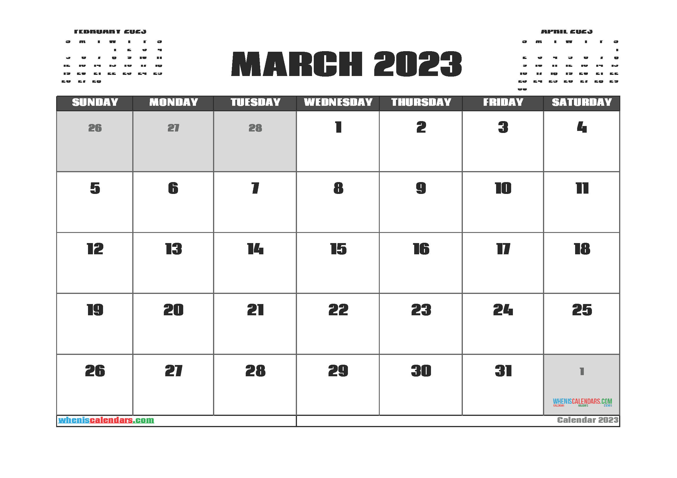 March 2023 Calendar with Holidays Free Printable PDF in Landscape