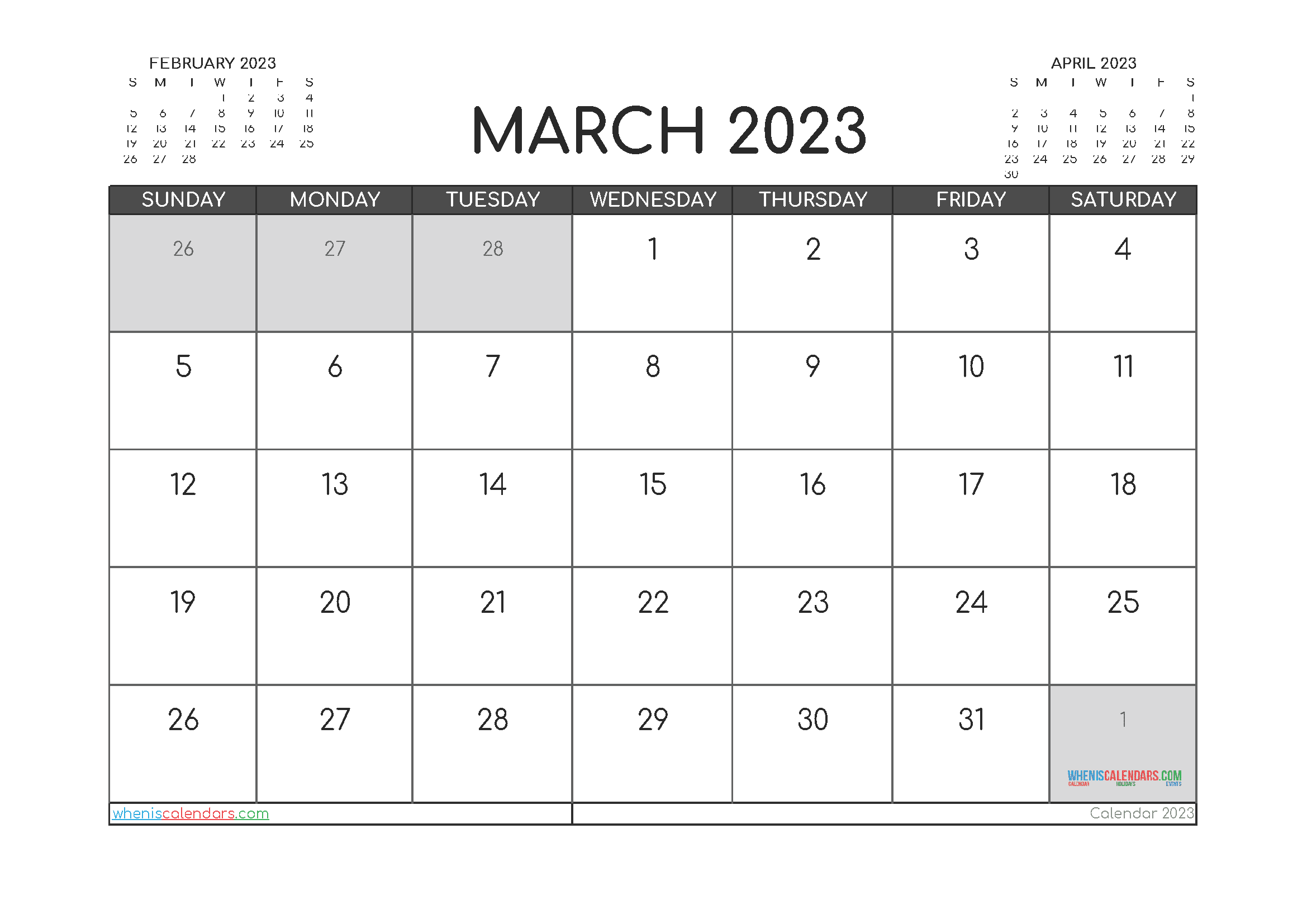 Downloadable March 2023 Calendar with Holidays Printable Free PDF in Landscape