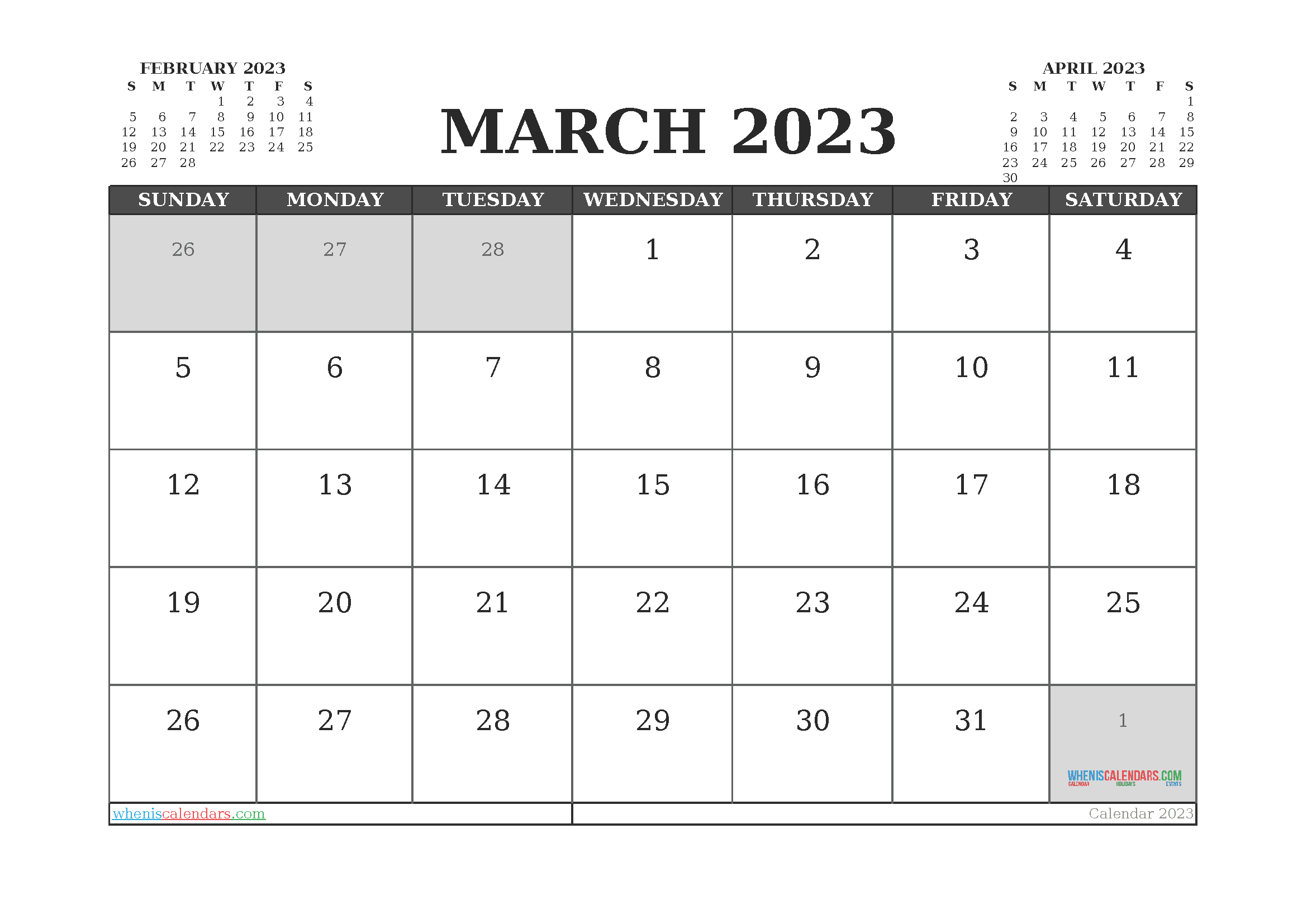 Free Printable Calendar March 2023 with Holidays PDF in Landscape