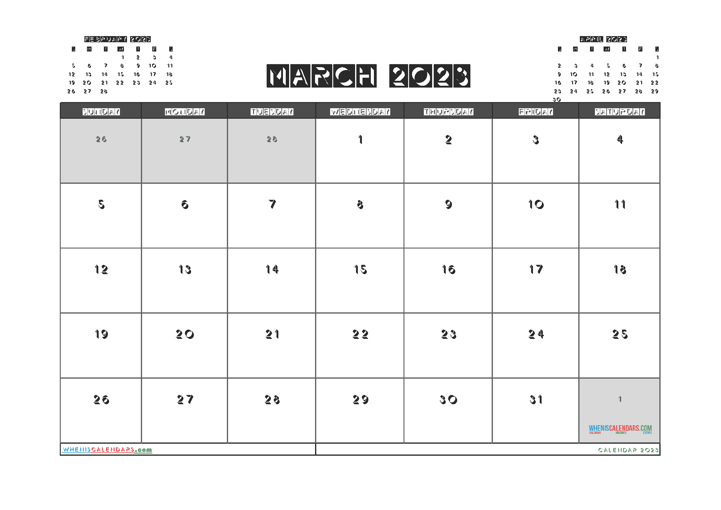 Free March 2023 Calendar with Holidays Printable PDF in Landscape
