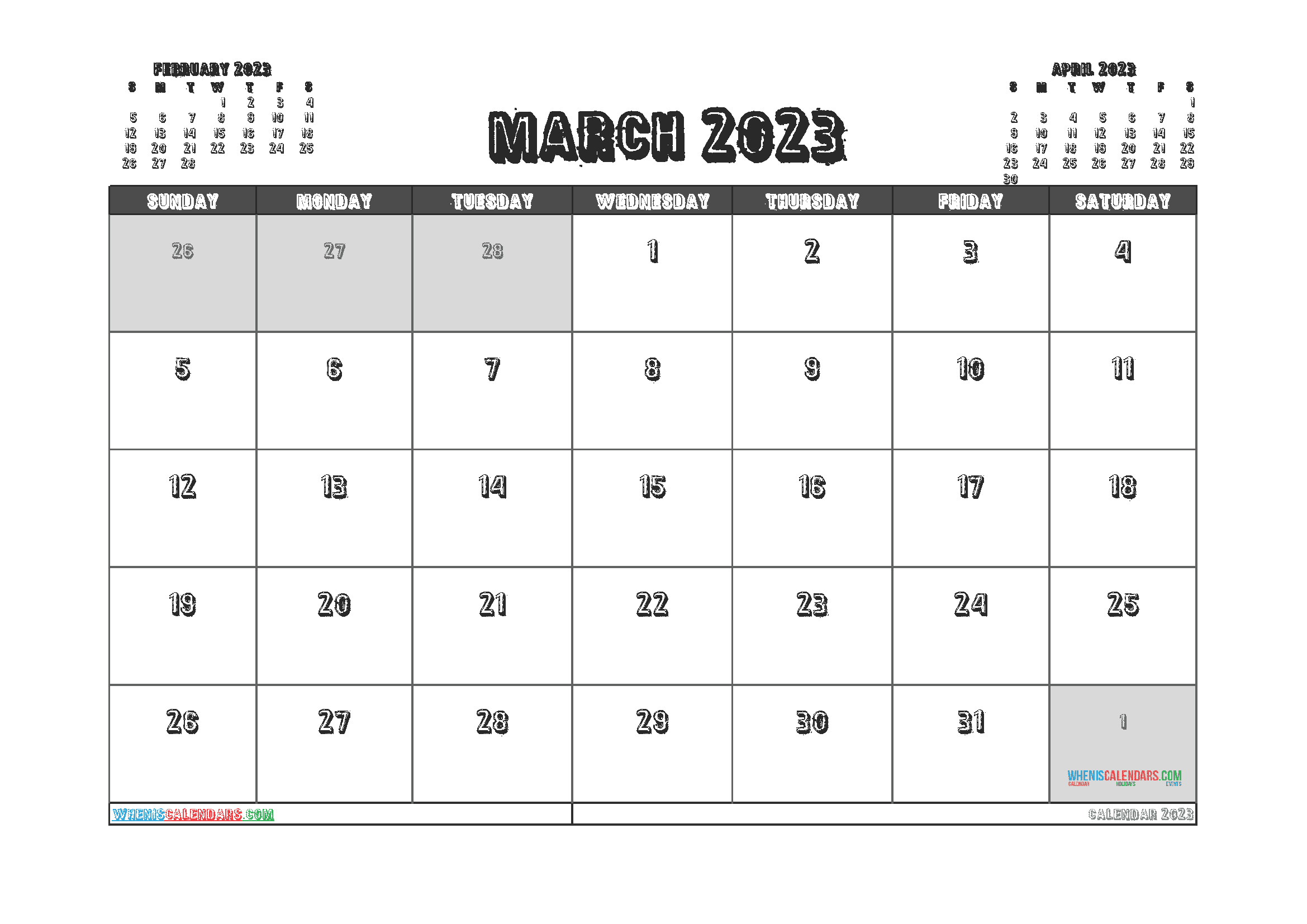 Free Calendar March 2023 with Holidays Printable PDF in Landscape