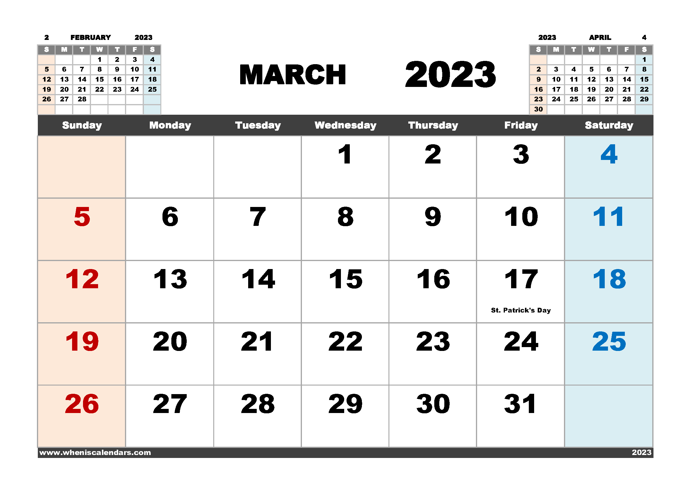 March 2023 Calendar Free Printable PDF Landscape Format