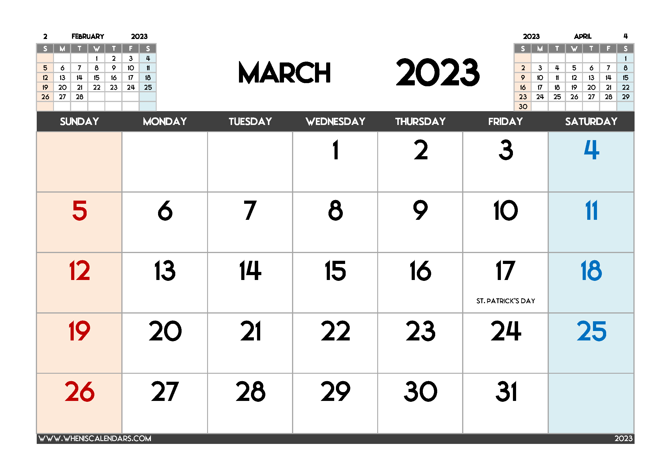 Printable March 2023 Calendar Free PDF in Landscape