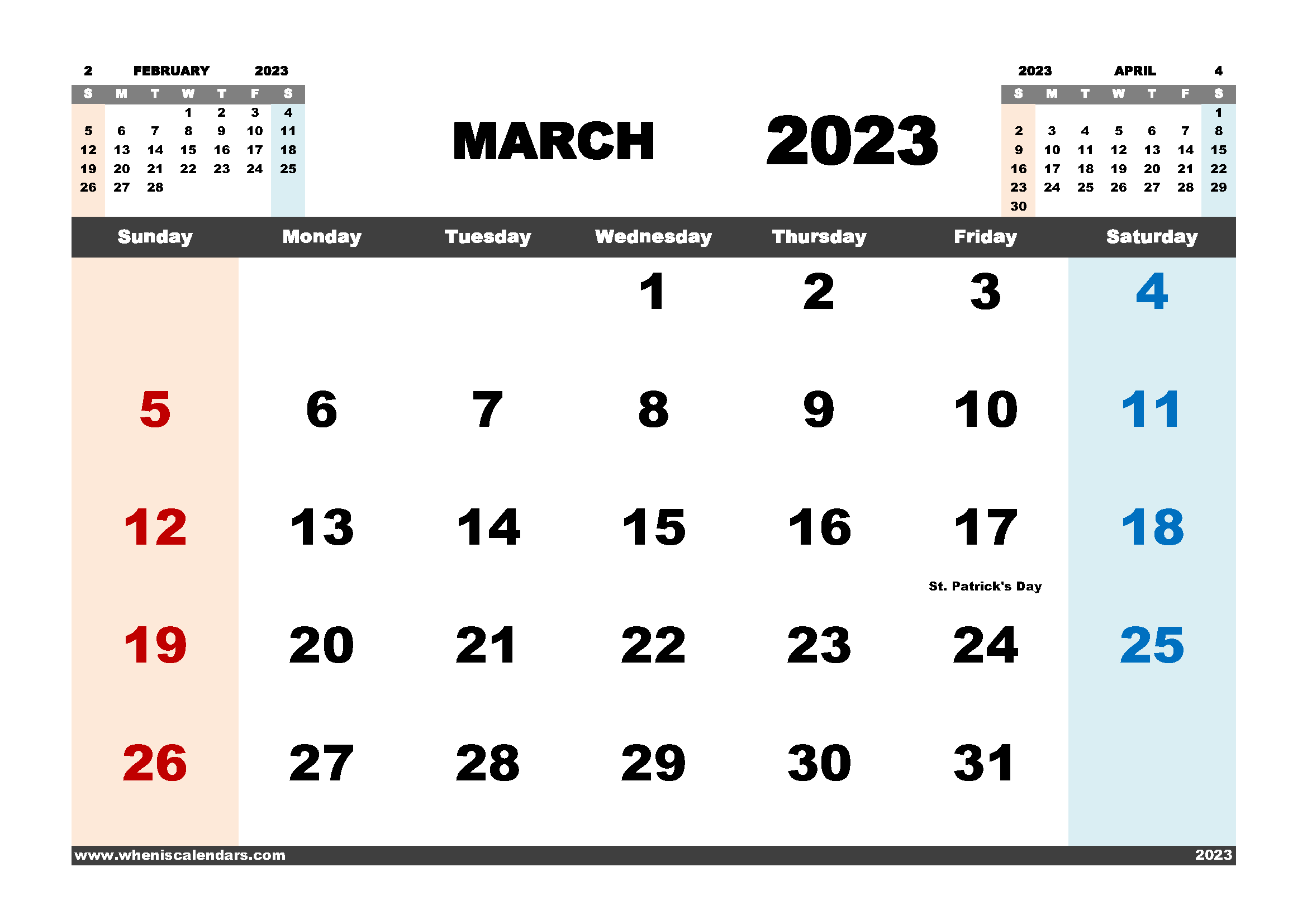 Free March 2023 Calendar Printable PDF in Landscape Format