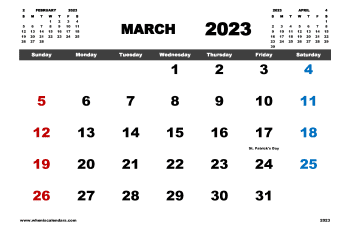 Downloadable free printable March 2023 Calendar with week numbers in landscape and portrait and variety format