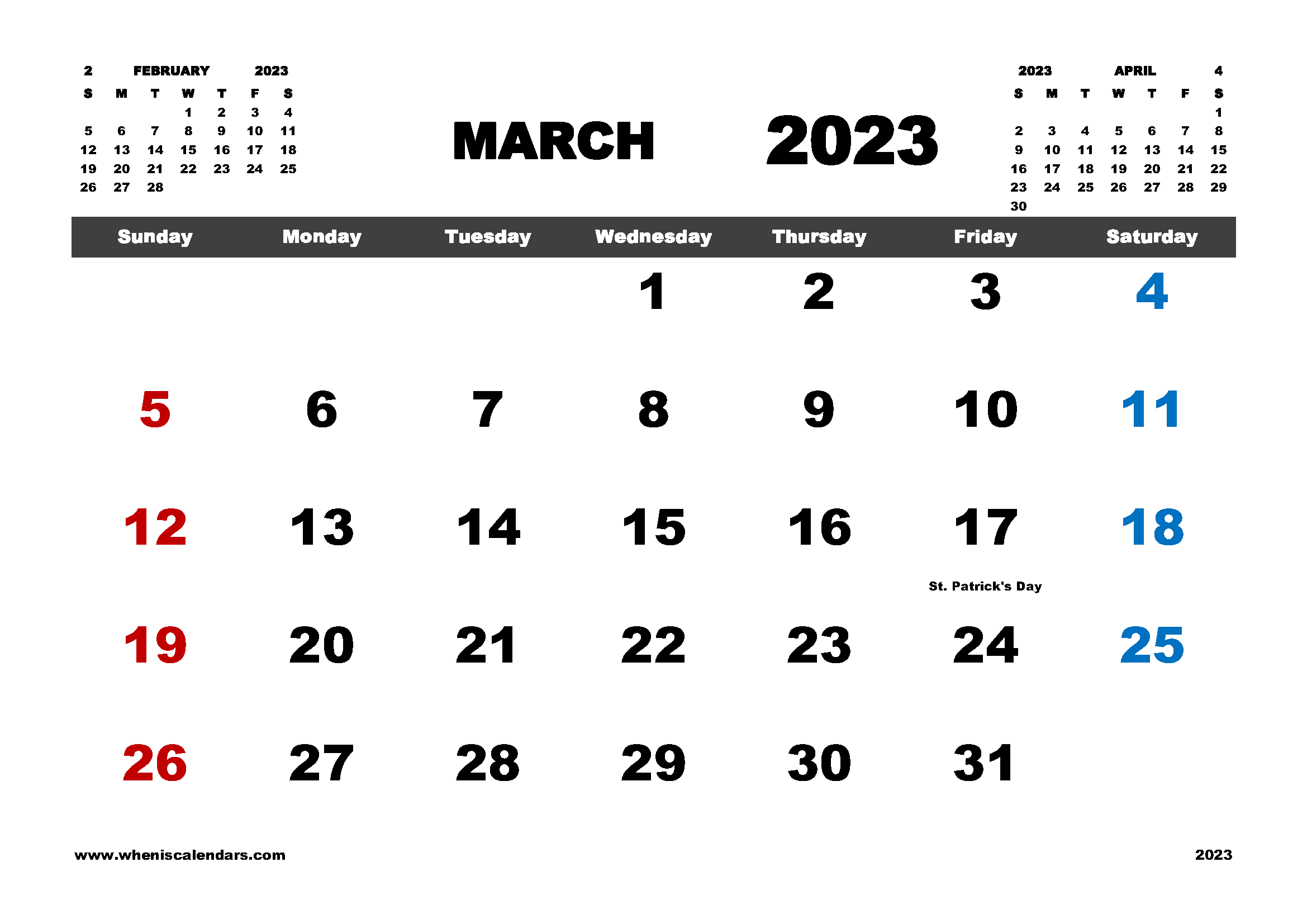 Free Printable March 2023 Calendar with Holidays in Variety Formats