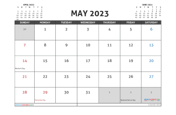 May 2023 Calendar with Holidays Free Printable PDF in Landscape (TMP: 523ha4hl2)