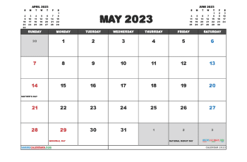Free May 2023 Calendar with Holidays Printable PDF in Landscape (TMP: 523ha4hl3)