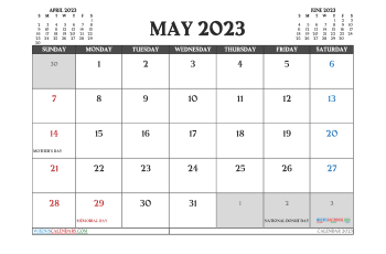 Free Calendar May 2023 with Holidays Printable PDF in Landscape (TMP: 523ha4hl4)