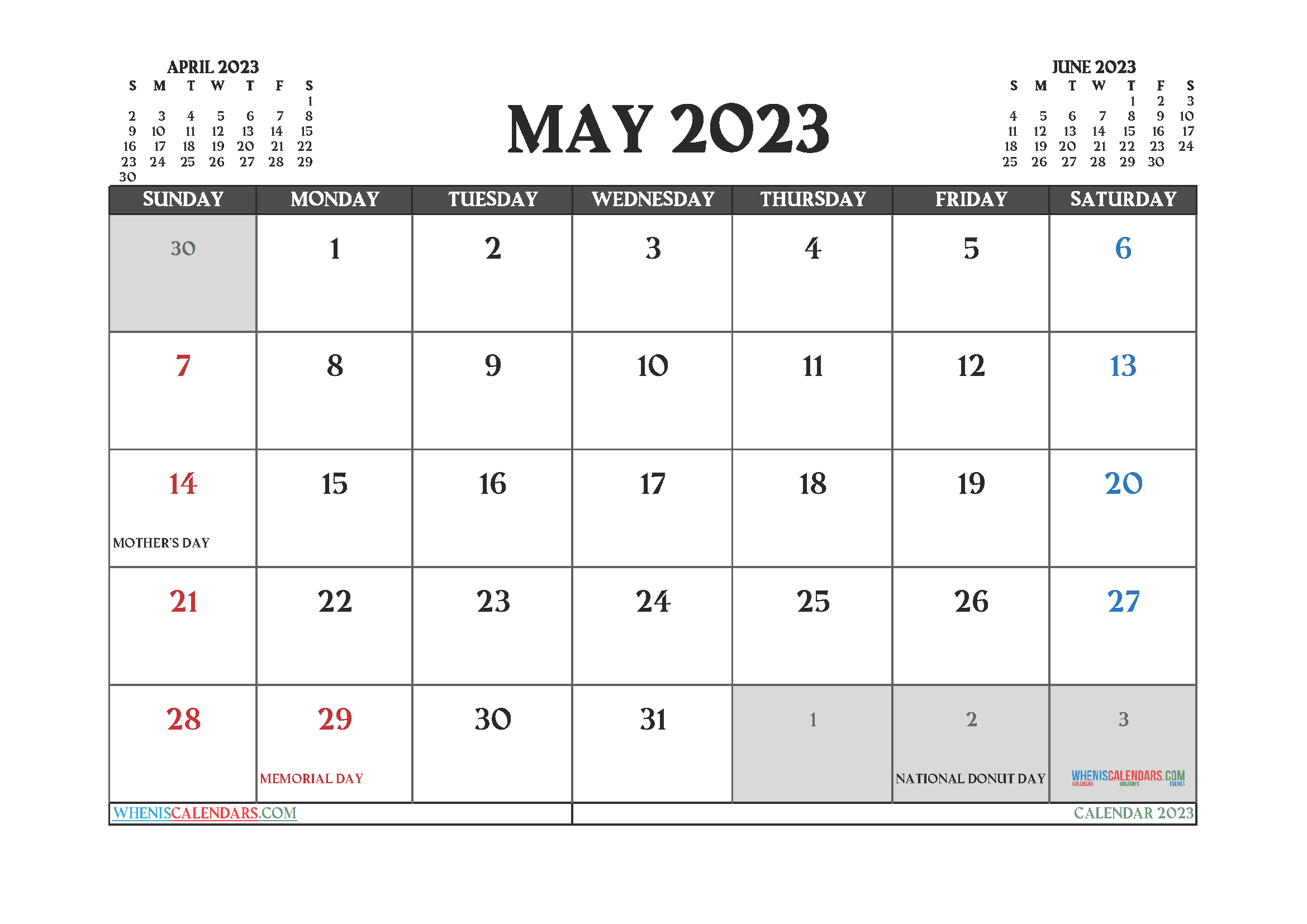 Free Calendar May 2023 with Holidays Printable PDF in Landscape