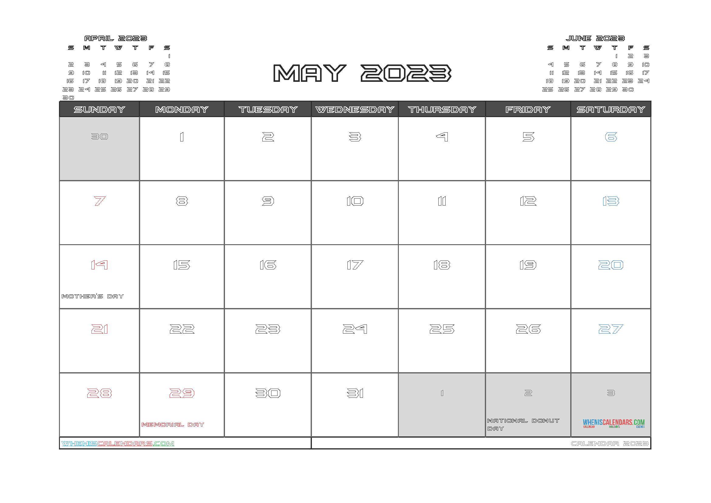 Free May 2023 Calendar with Holidays Printable PDF in Landscape