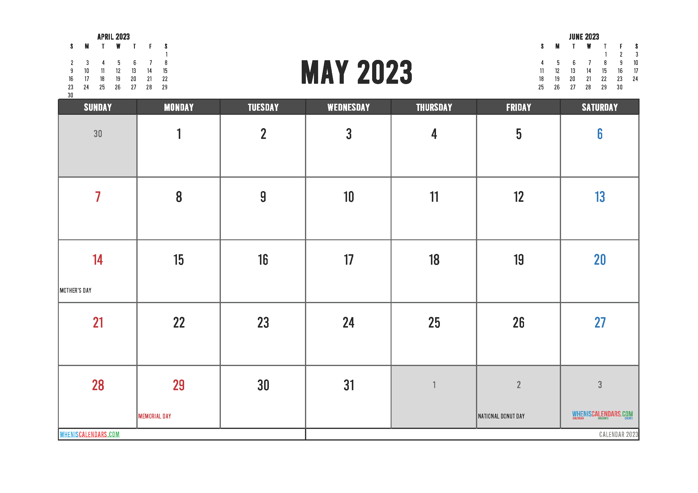 Printable May 2023 Calendar with Holidays Free PDF in Landscape
