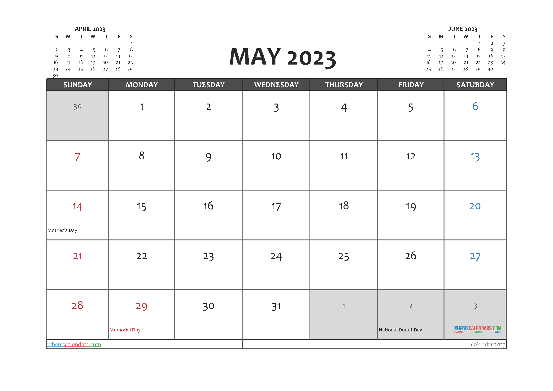 May 2023 Calendar with Holidays Free Printable PDF in Landscape