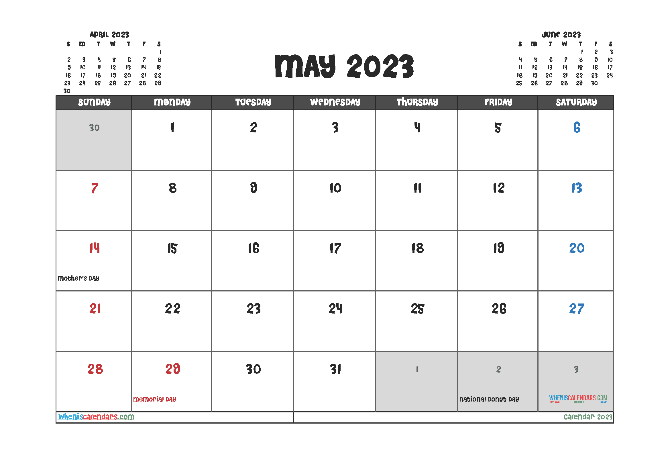 Downloadable May 2023 Calendar with Holidays Printable Free PDF in Landscape