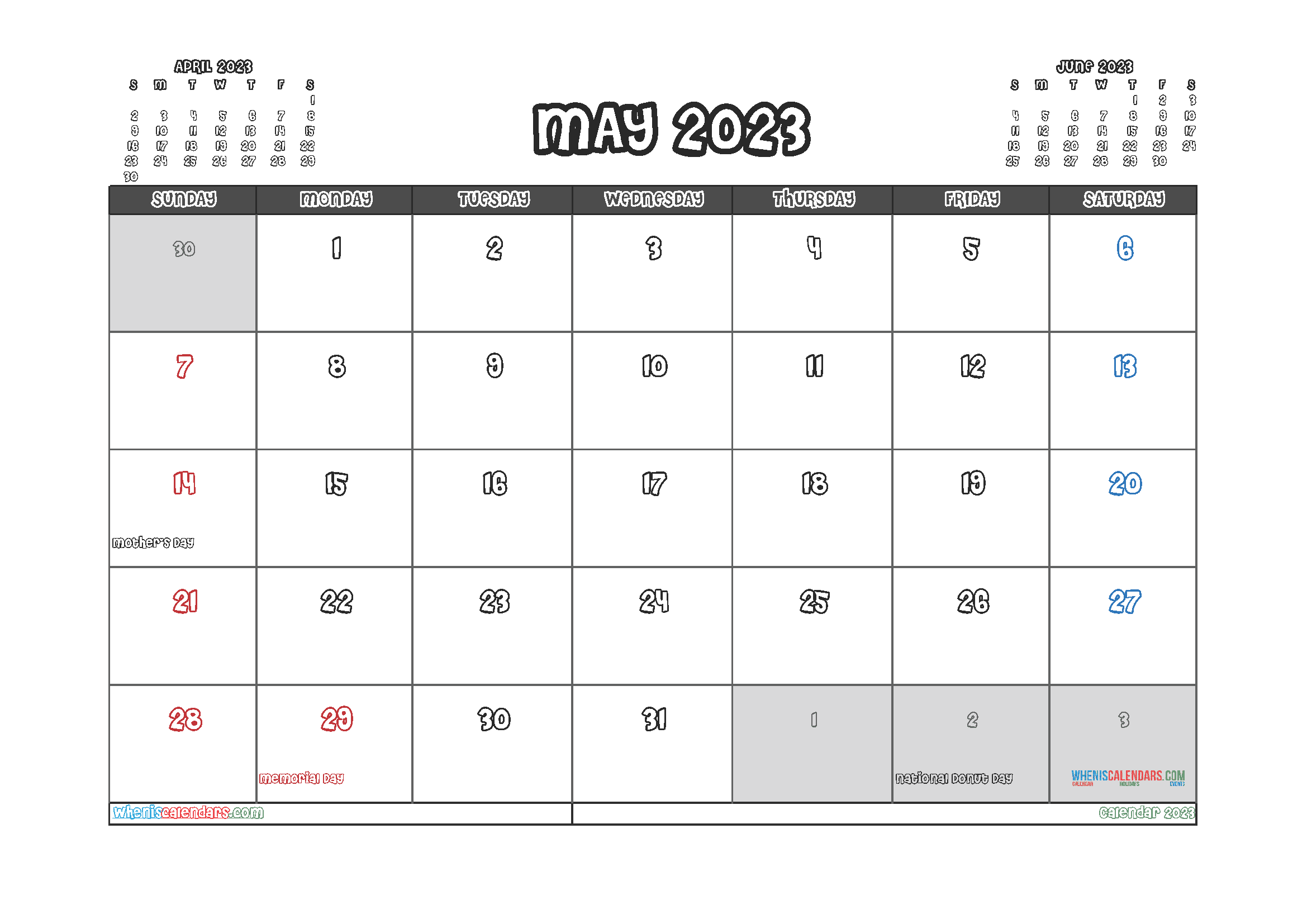 Calendar May 2023 with Holidays (PDF and Image)