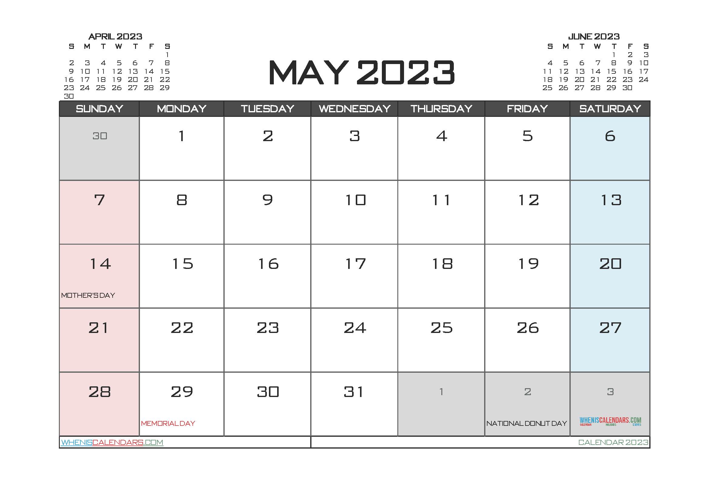 Free Printable May 2023 Calendar with Holidays PDF in Landscape