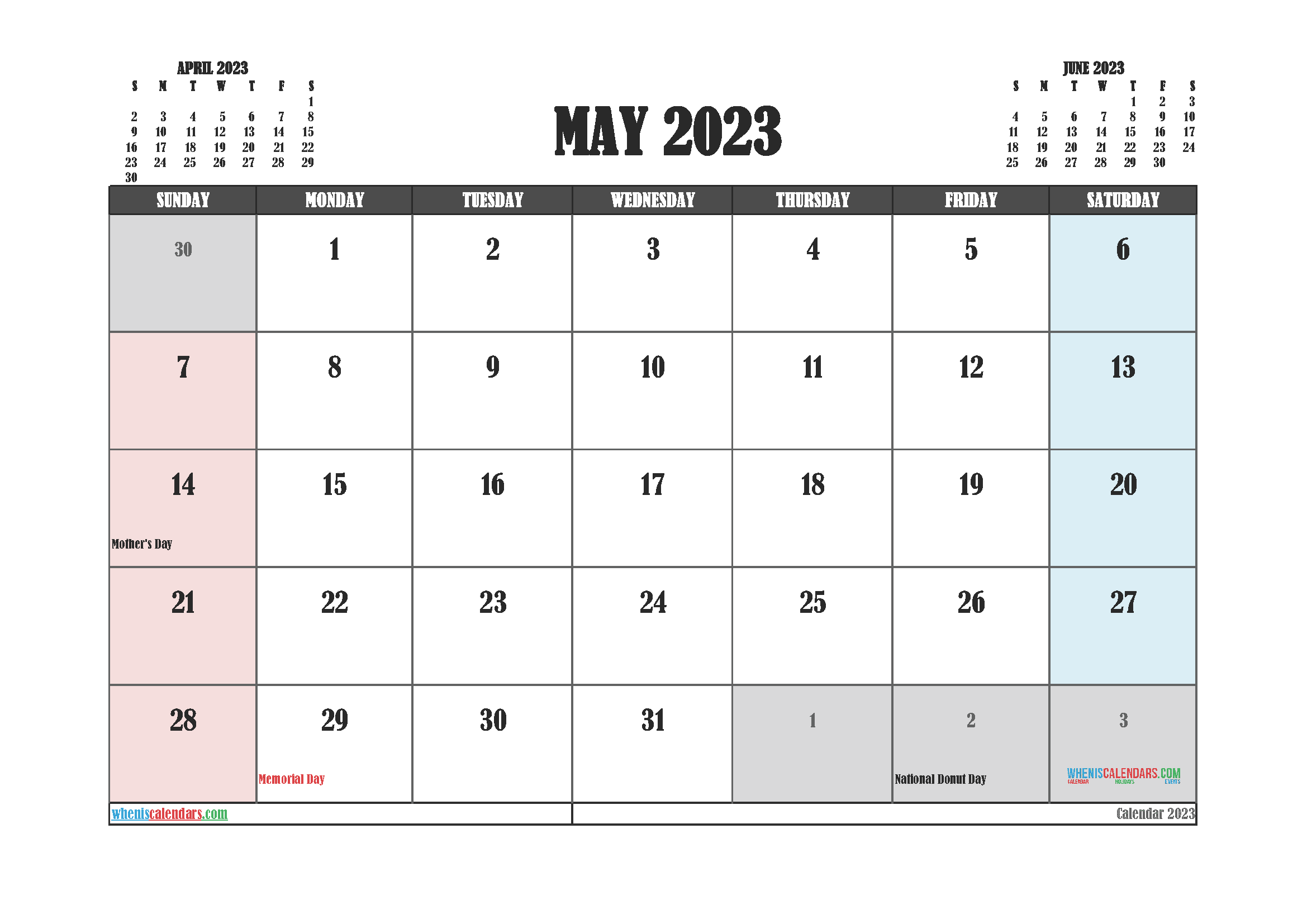 Free Calendar 2023 May with Holidays PDF in Landscape