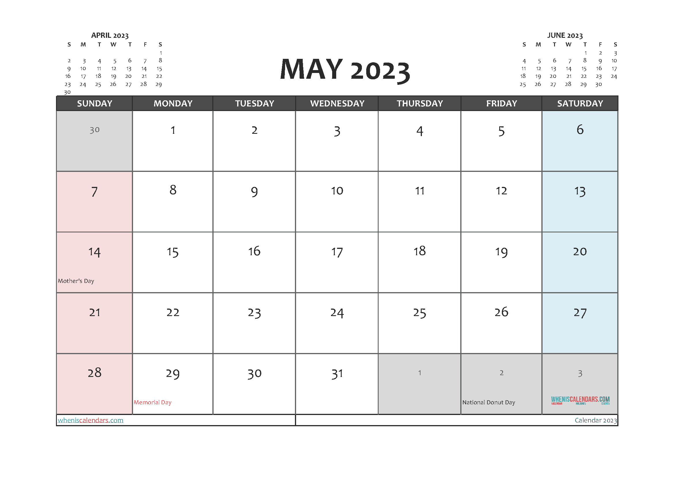 Free May 2023 Calendar with Holidays Printable PDF in Landscape