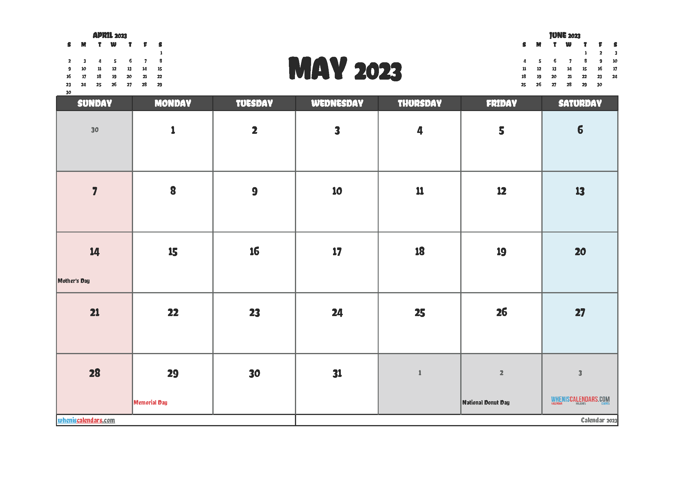 Downloadable May 2023 Calendar with Holidays Printable Free PDF in Landscape