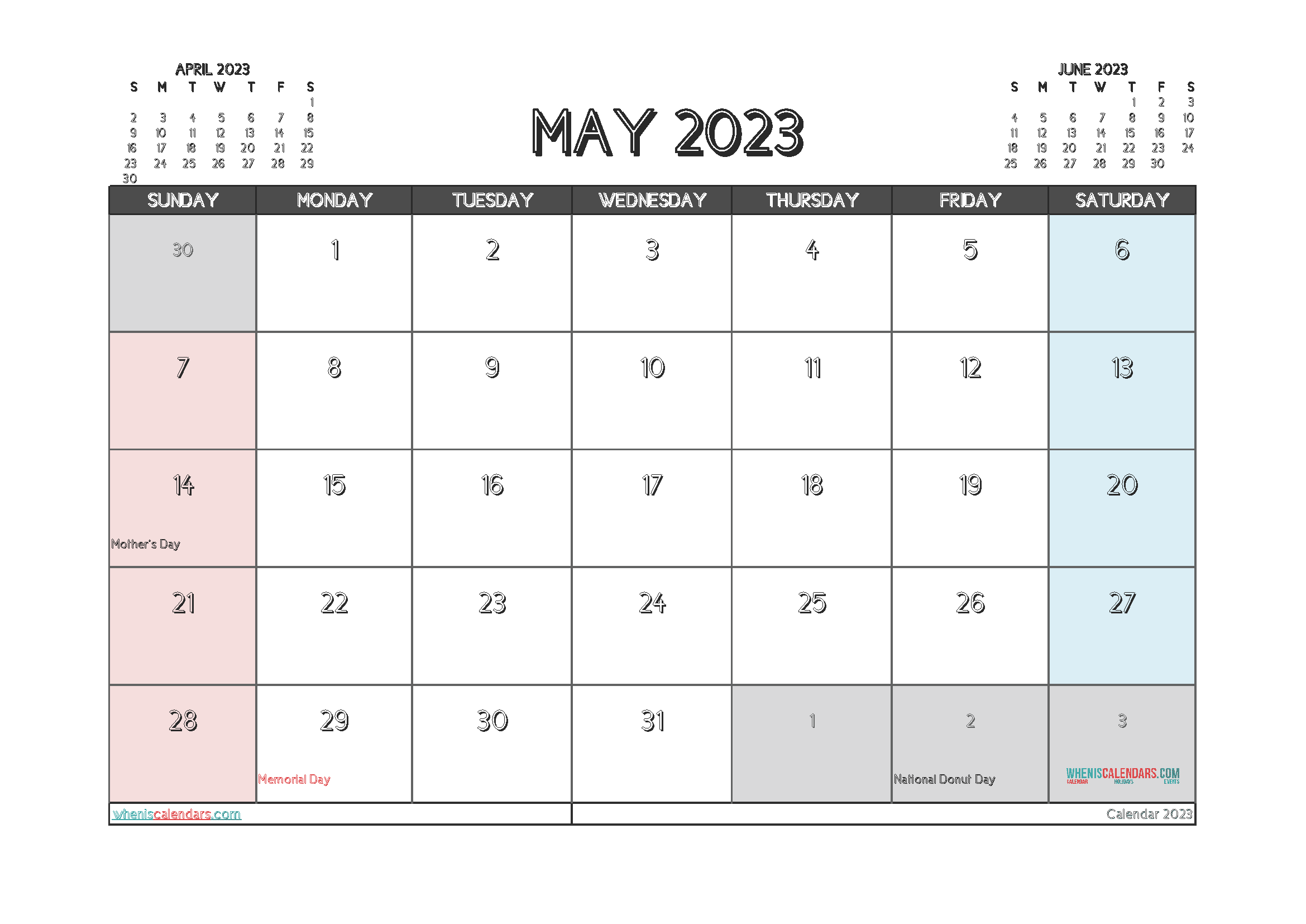 Free Printable Calendar 2023 May with Holidays PDF in Landscape