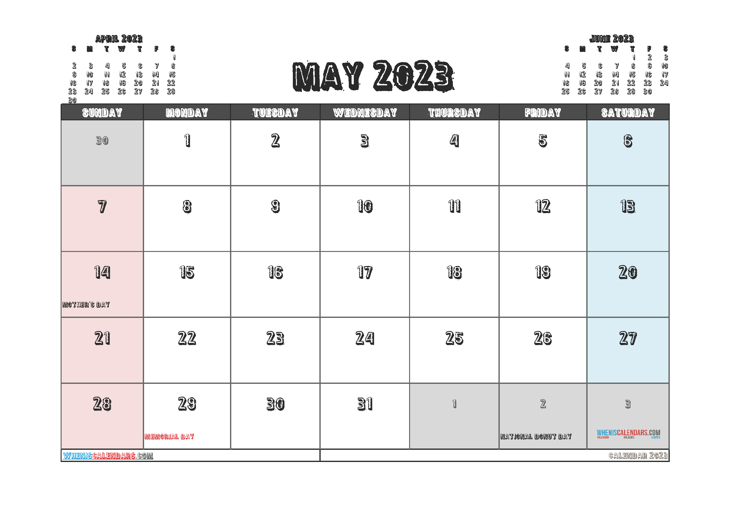 Free Printable Calendar 2023 May with Holidays PDF in Landscape